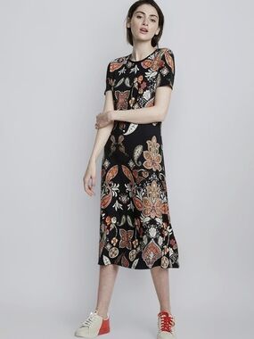 Desigual Black Midi Dress with Orange and Cream Paisley Print
